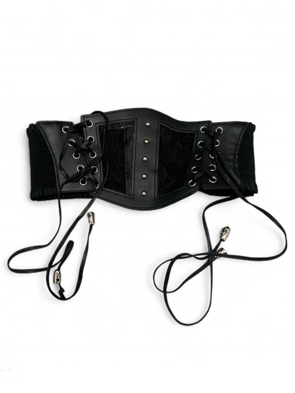 Black Faux Leather Corset Waist Belt with Lace-Up Detail